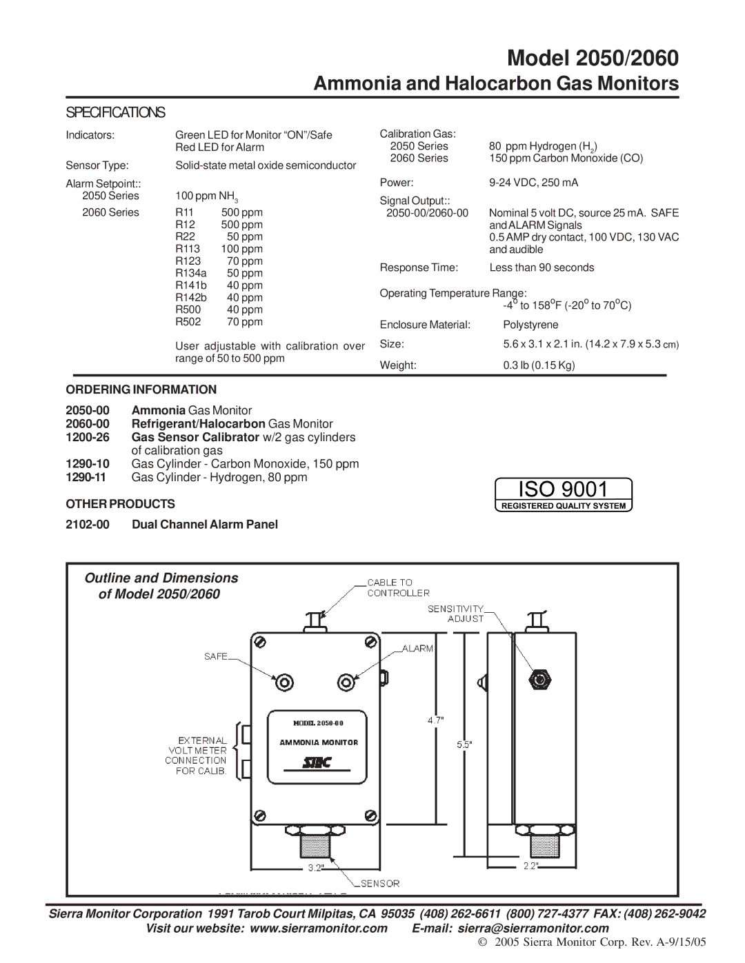 Sierra Monitor Corporation specifications Model 2050/2060, Dual Channel Alarm Panel 