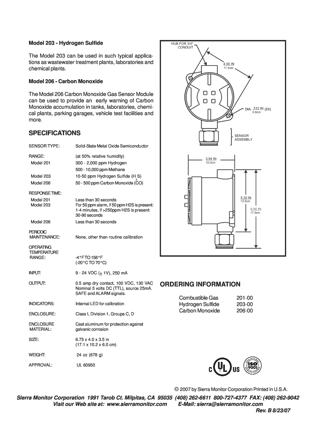 Sierra Monitor Corporation 206, 20X, 201 manual Specifications, Ordering Information, Model 203 - Hydrogen Sulfide 