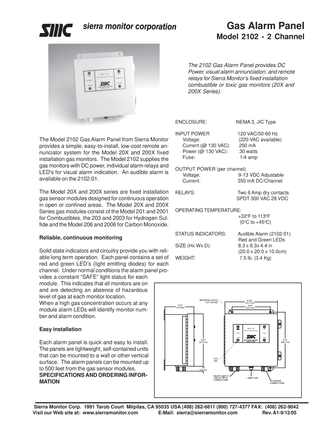 Sierra Monitor Corporation specifications Gas Alarm Panel, Model 2102 2 Channel, Reliable, continuous monitoring 