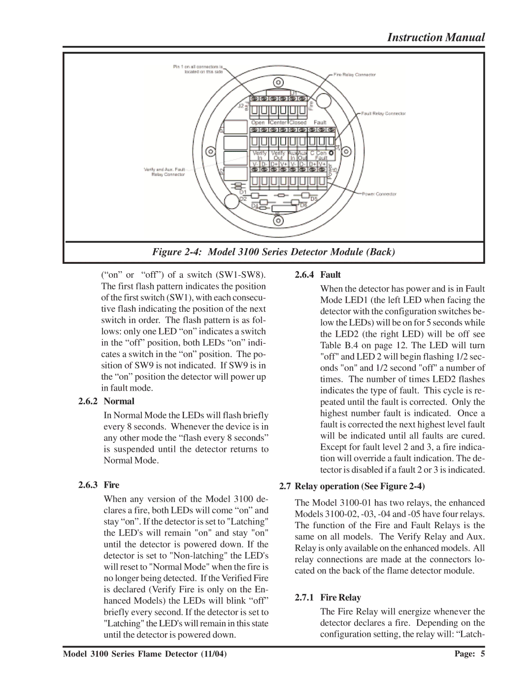 Sierra Monitor Corporation 3100-01 manual Normal, Fault, Relay operation See Figure, Fire Relay 