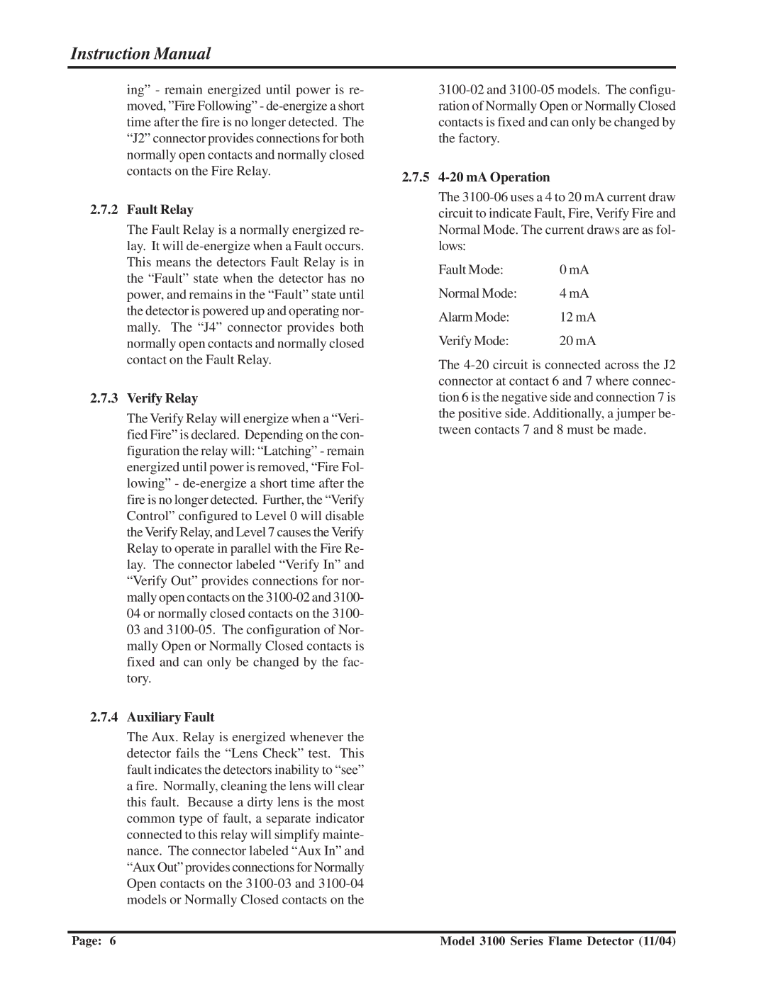 Sierra Monitor Corporation 3100-01 manual Fault Relay, Verify Relay, Auxiliary Fault, 5 4-20 mA Operation 