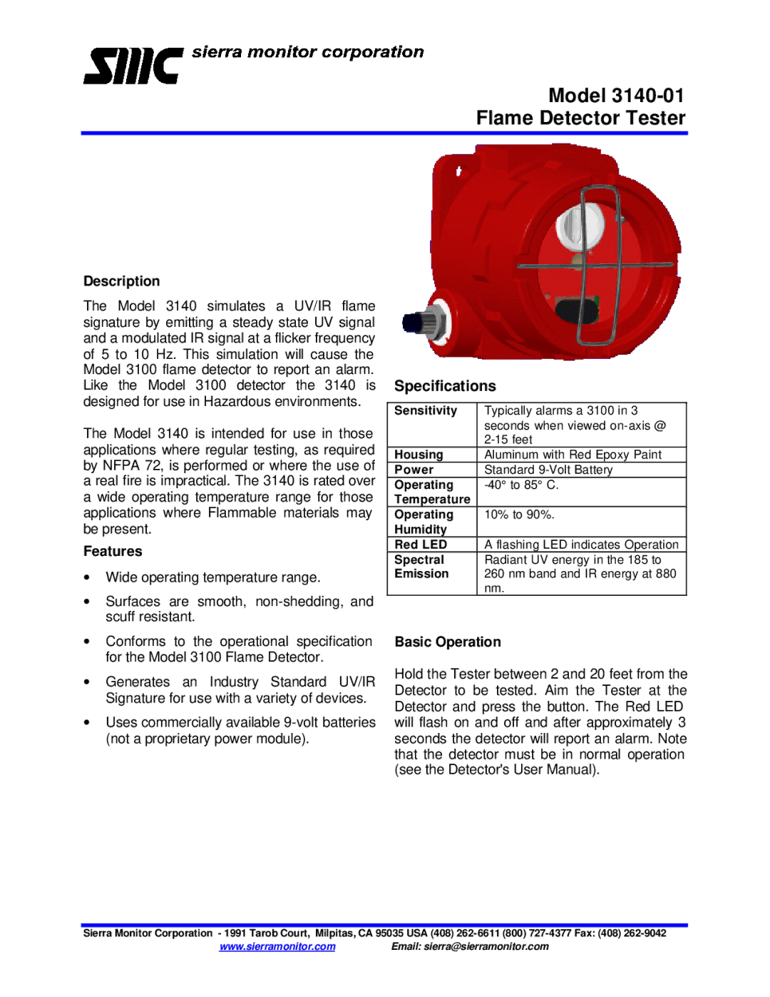 Sierra Monitor Corporation specifications Model 3140-01 Flame Detector Tester, Specifications, Description, Features 