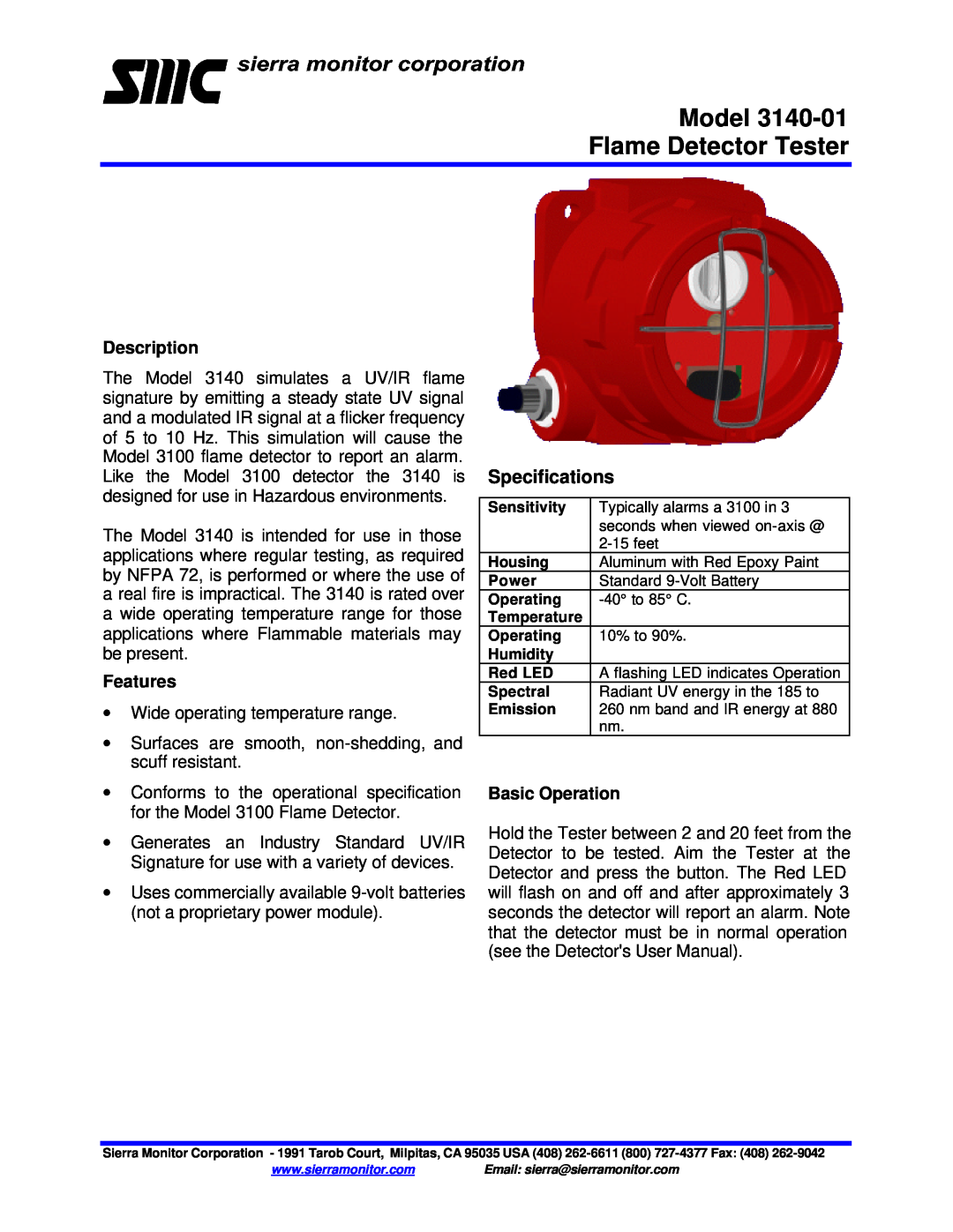 Sierra Monitor Corporation specifications Model 3140-01Flame Detector Tester, Specifications, Description, Features 