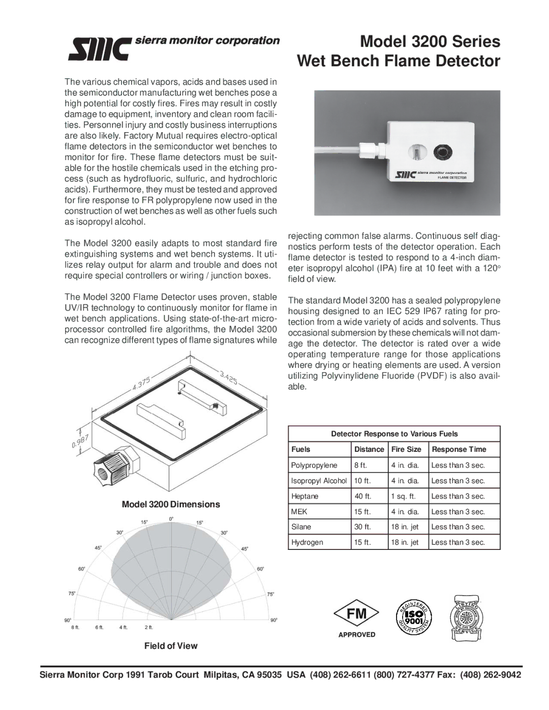 Sierra Monitor Corporation dimensions Model 3200 Series Wet Bench Flame Detector, Model 3200 Dimensions, Response Time 