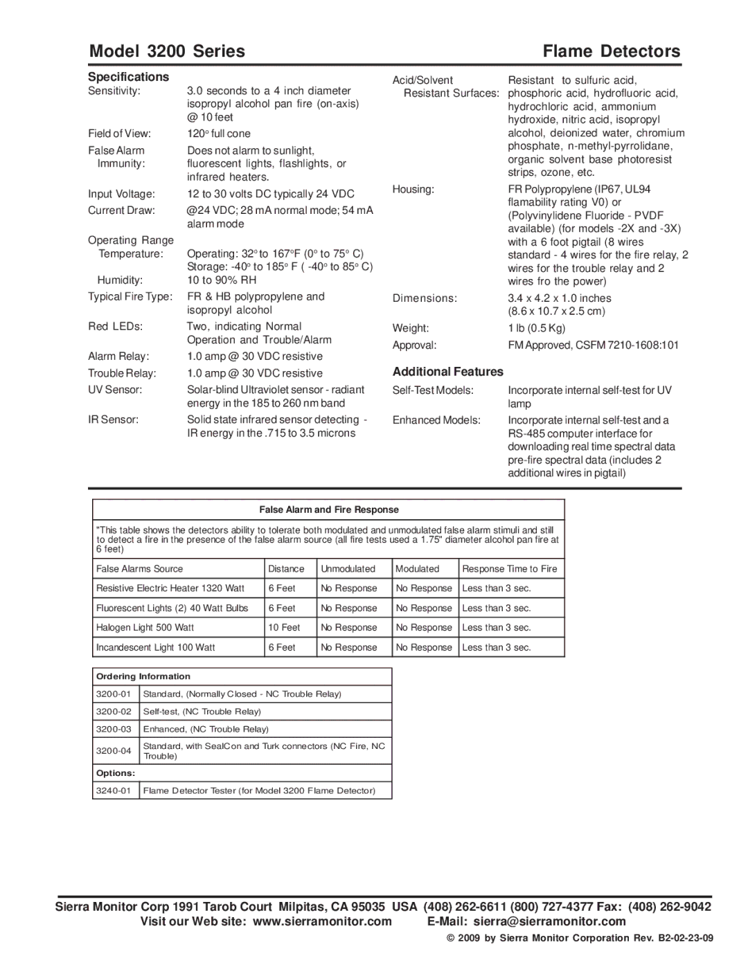 Sierra Monitor Corporation dimensions Model 3200 Series Flame Detectors, Specifications, Additional Features 