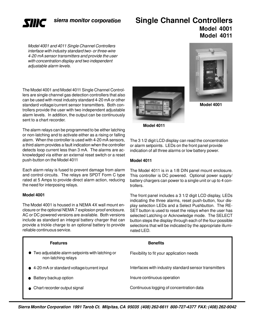 Sierra Monitor Corporation 4001, 4011 manual Model, Features Benefits 