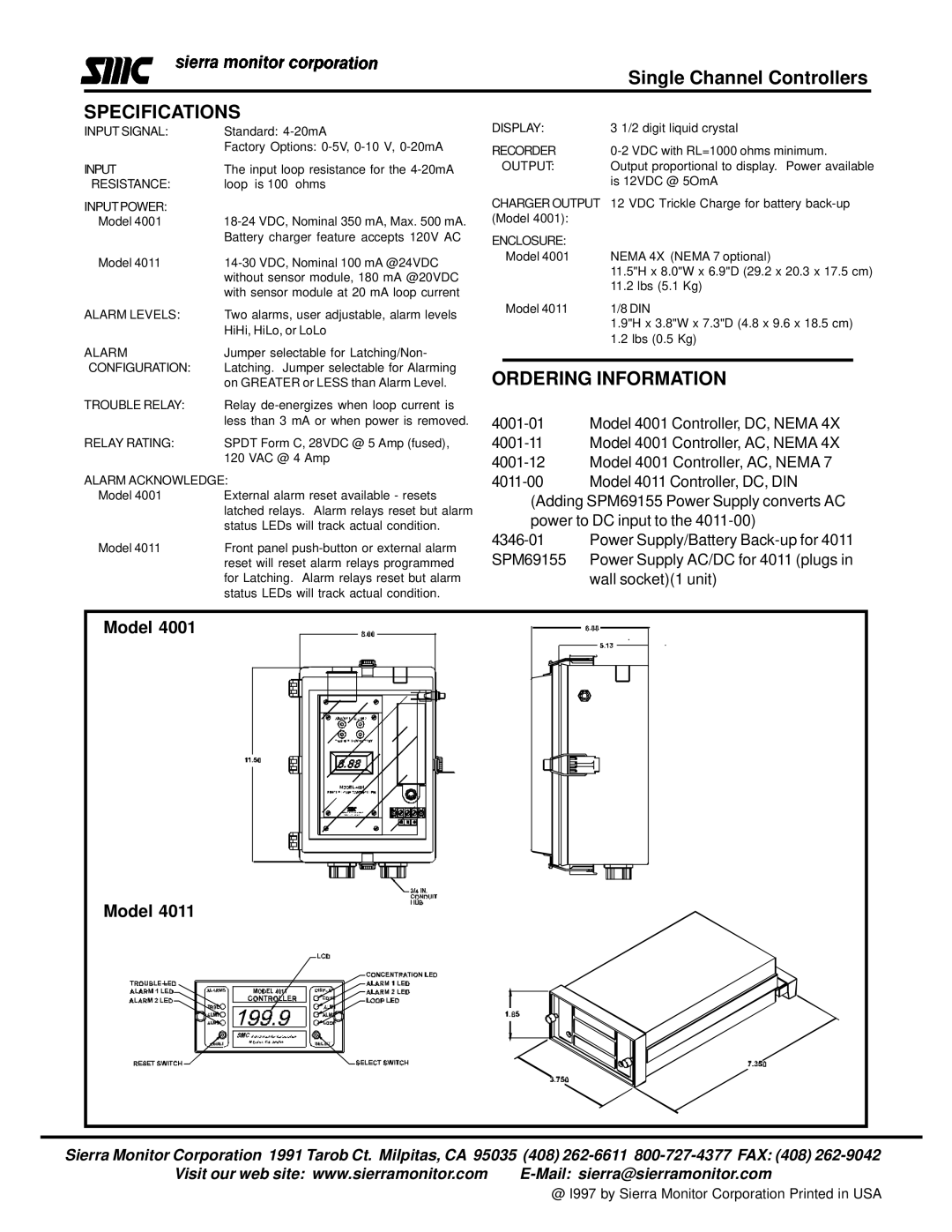 Sierra Monitor Corporation 4011, 4001 manual Specifications, Ordering Information 