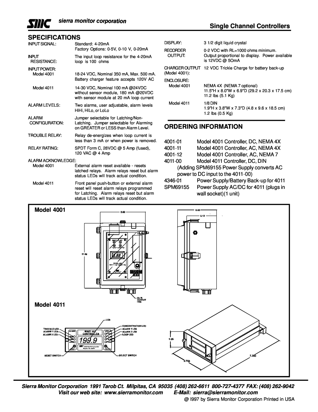 Sierra Monitor Corporation 4011, 4001 manual Single Channel Controllers SPECIFICATIONS, Ordering Information, Model 
