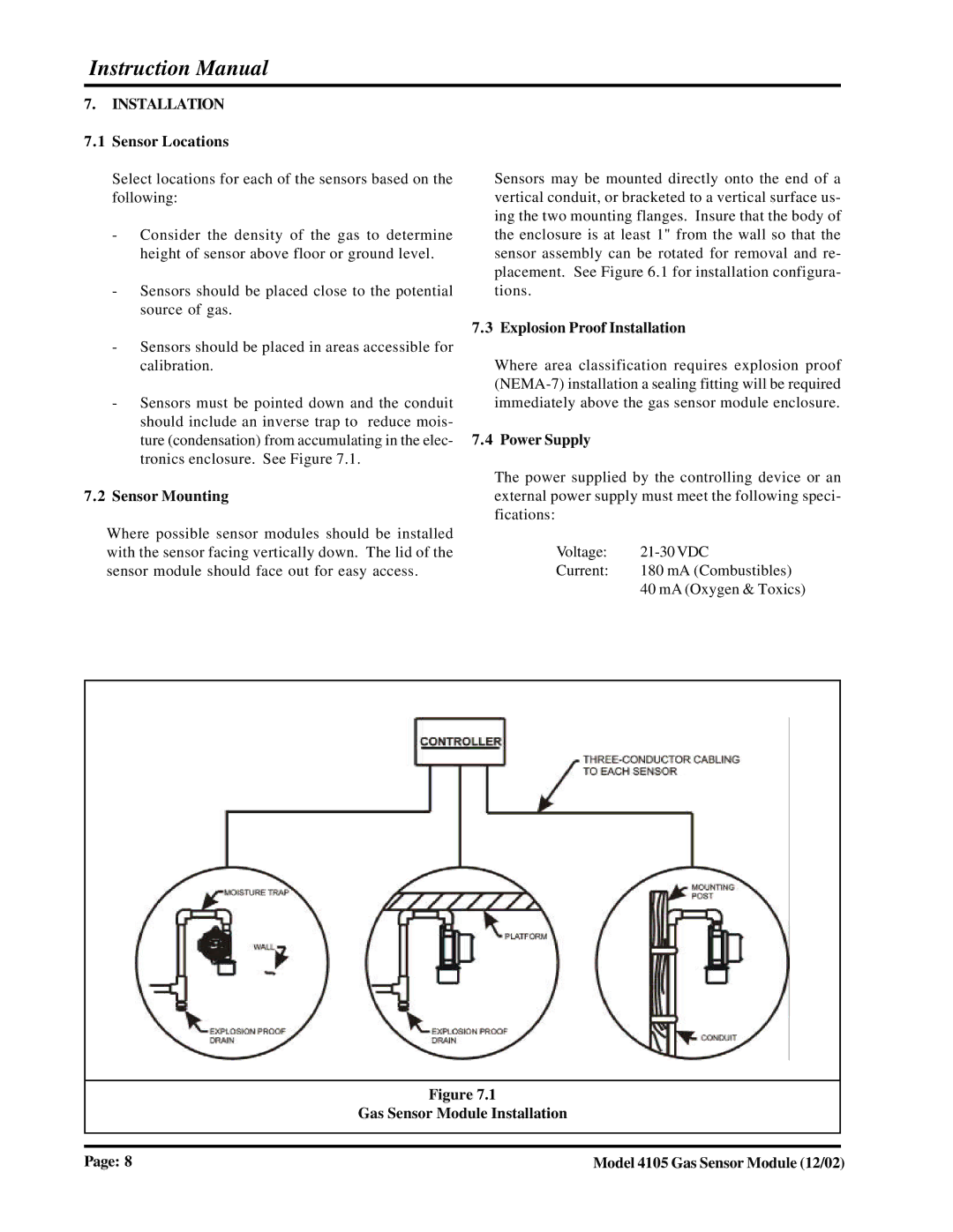 Sierra Monitor Corporation 4105 manual Sensor Locations, Sensor Mounting, Explosion Proof Installation, Power Supply 