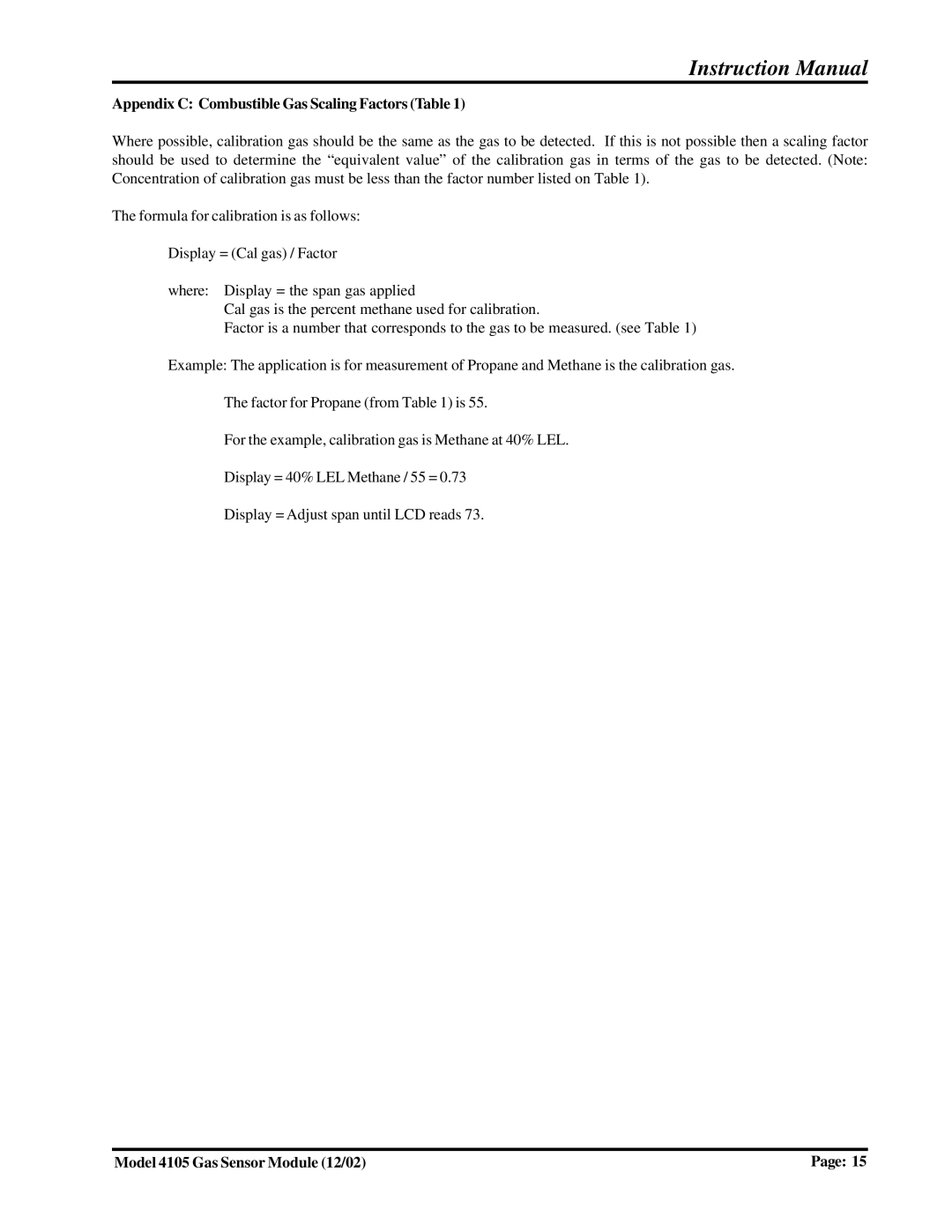 Sierra Monitor Corporation 4105 manual Appendix C Combustible Gas Scaling Factors Table 