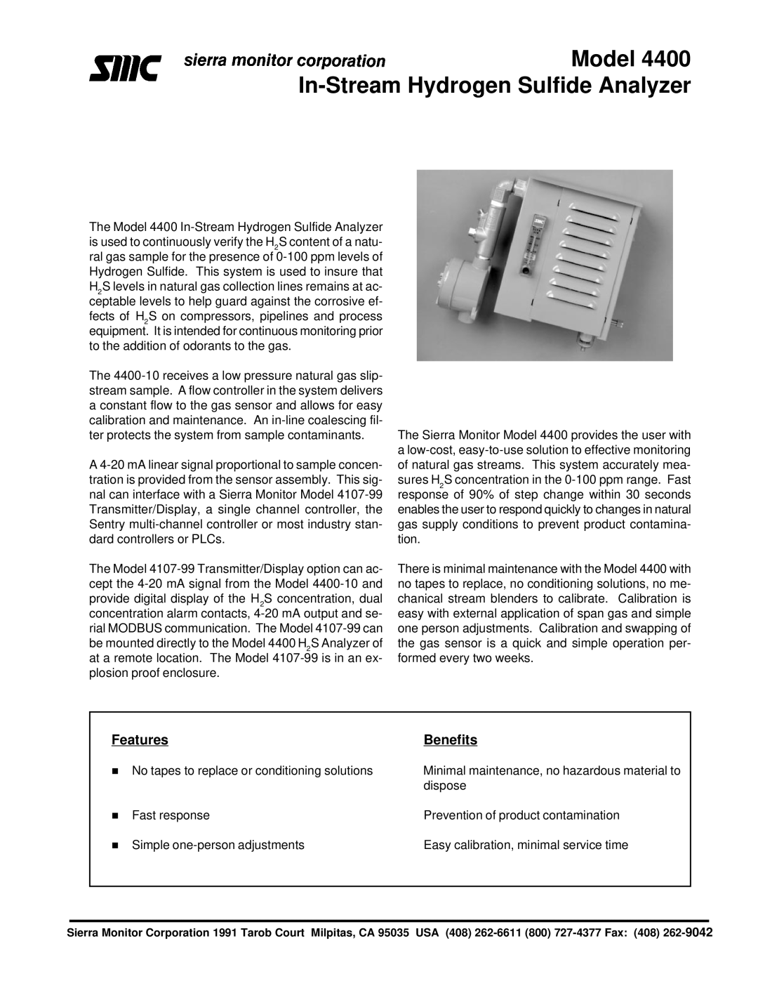 Sierra Monitor Corporation manual Model 4400 In-Stream Hydrogen Sulfide Analyzer, Features Benefits 