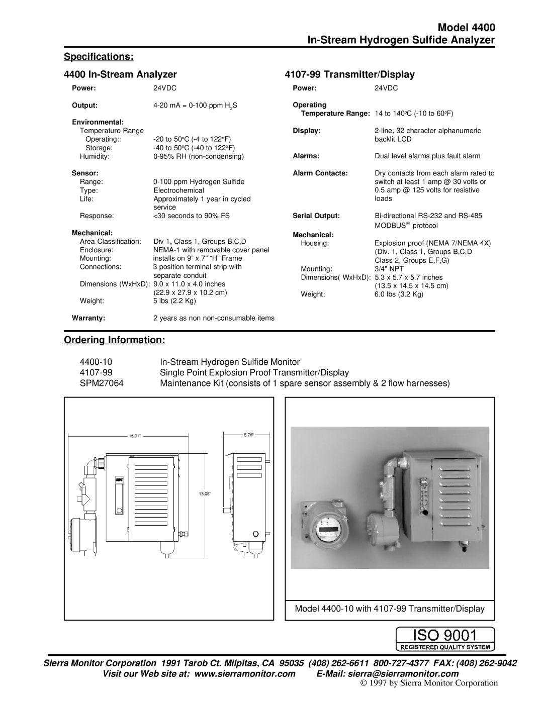 Sierra Monitor Corporation 4400 manual Specifications In-Stream Analyzer, Transmitter/Display, Ordering Information 