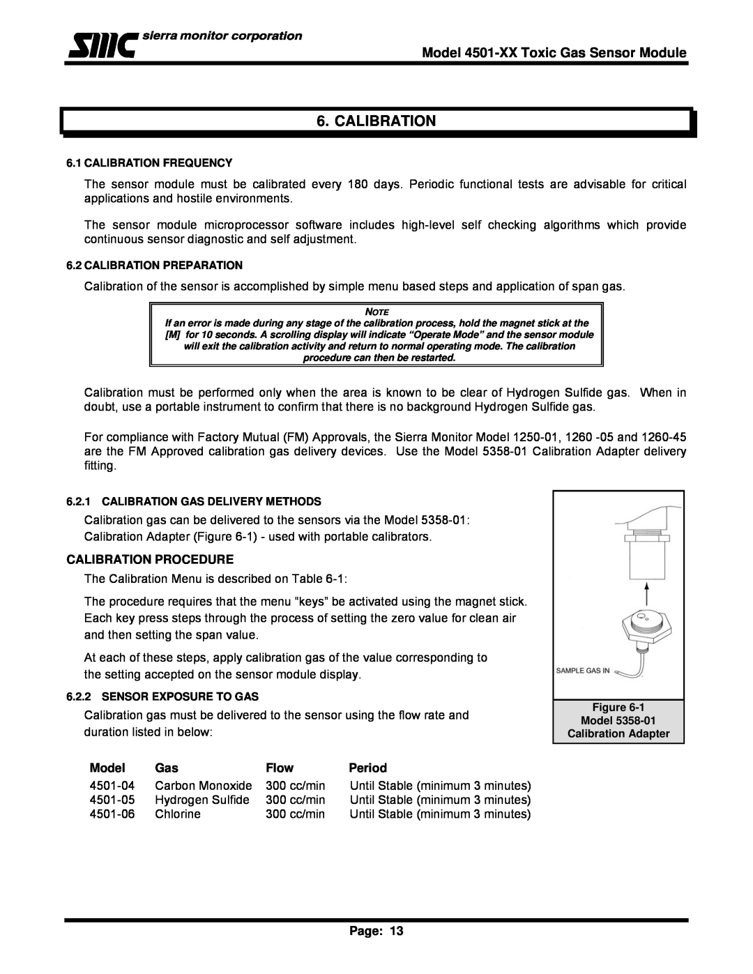 Sierra Monitor Corporation 4501-06 Calibration Procedure, Flow, Period, Model 4501-XXToxic Gas Sensor Module, Page 