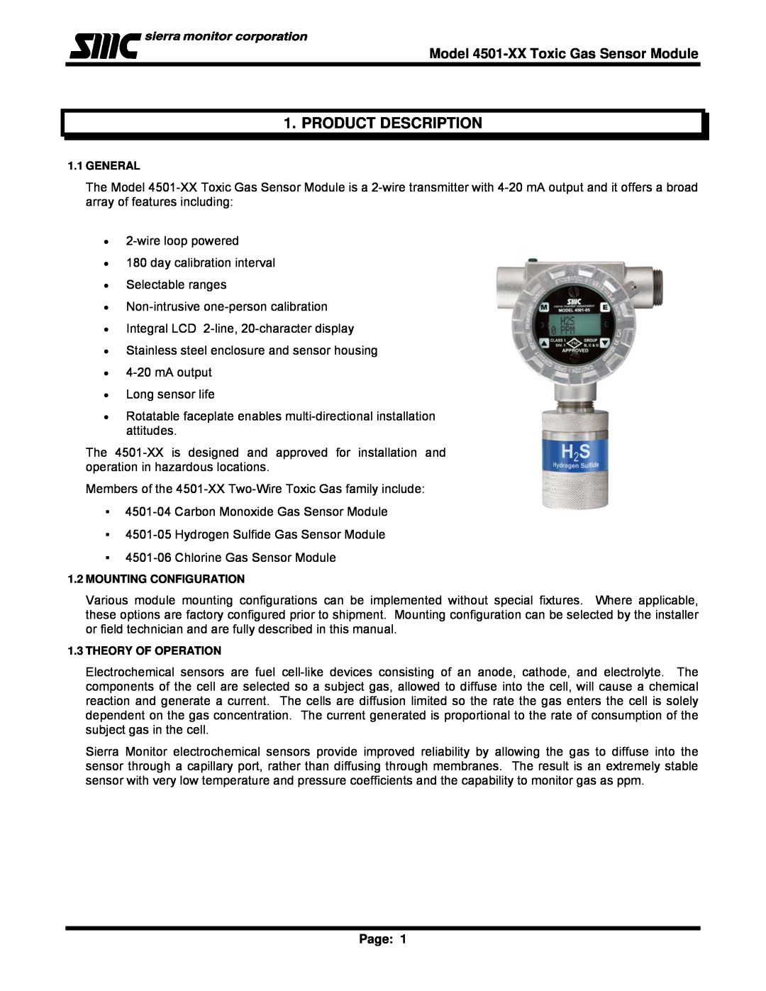 Sierra Monitor Corporation 4501-04, 4501-06, 4501-05 Product Description, Page, Model 4501-XXToxic Gas Sensor Module 