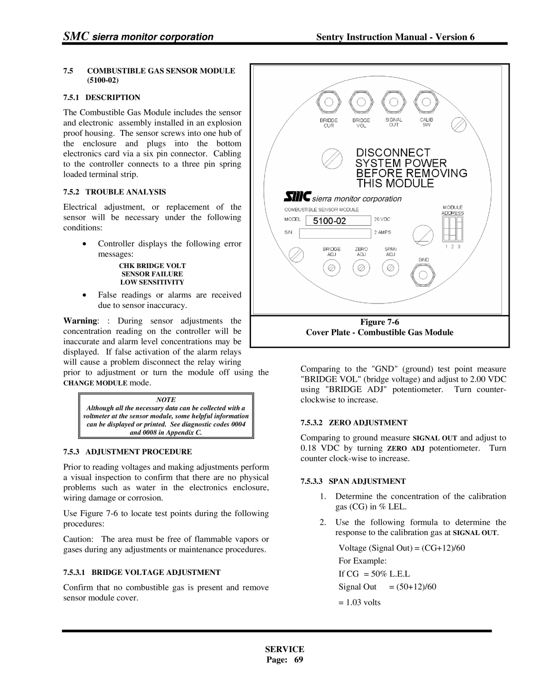 Sierra Monitor Corporation 5000 instruction manual Cover Plate Combustible Gas Module, Service 