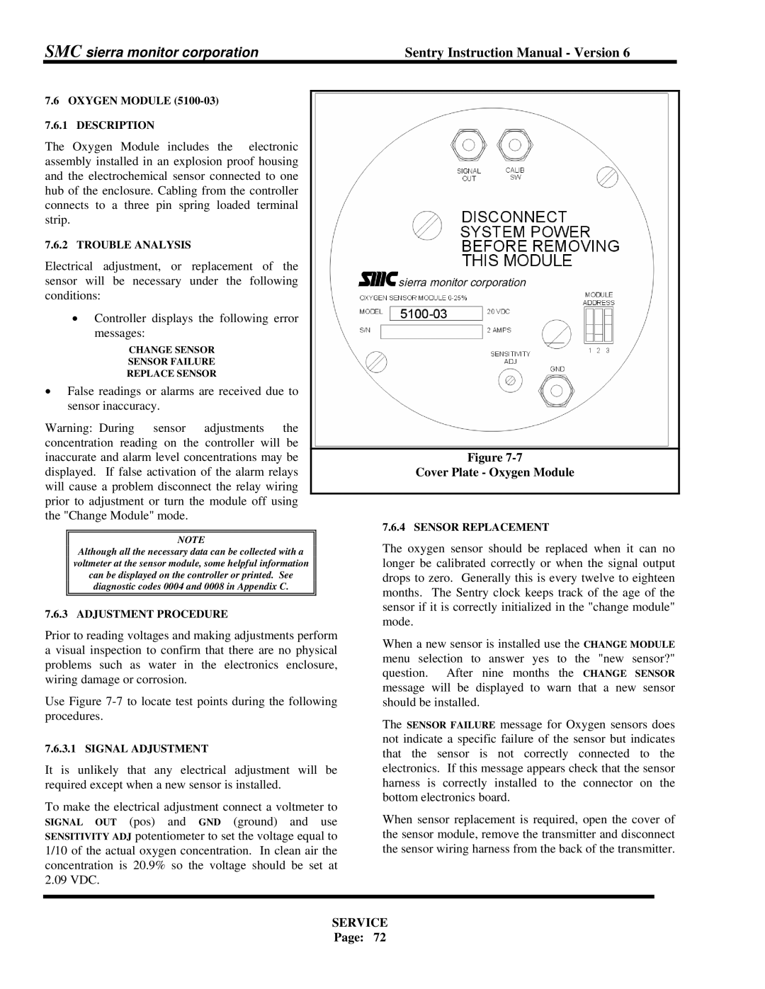 Sierra Monitor Corporation 5000 Cover Plate Oxygen Module, Oxygen sensor should be replaced when it can no 