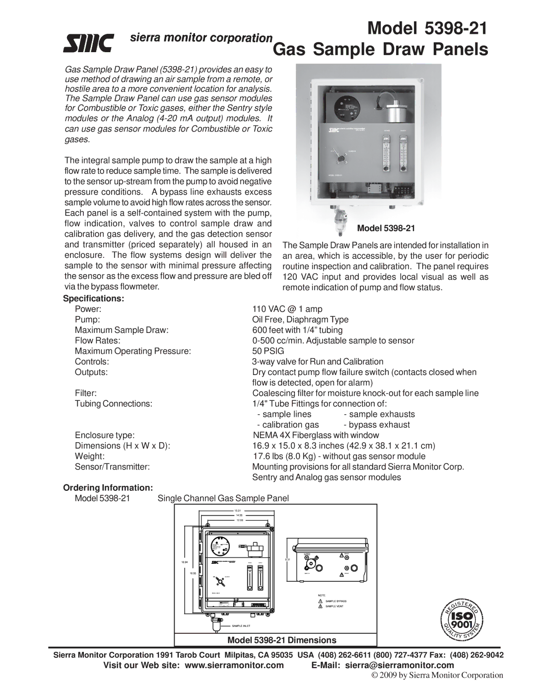 Sierra Monitor Corporation specifications Model 5398-21 Gas Sample Draw Panels, Specifications, Ordering Information 