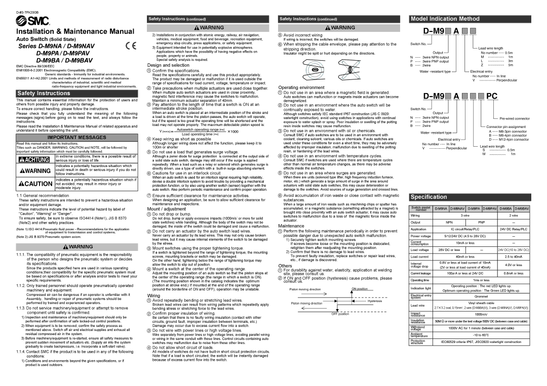 Sierra Monitor Corporation D-M9PAV, D-M9NAV specifications Model Indication Method, Safety Instructions, Specification 