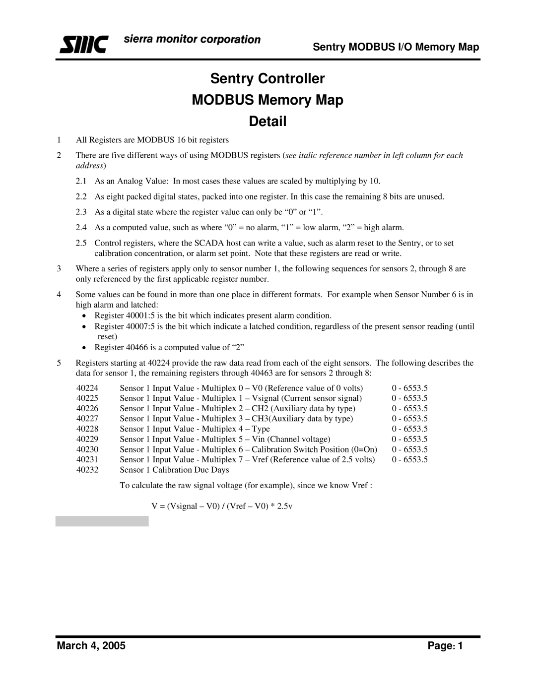 Sierra Monitor Corporation Gas Detector manual Sentry Controller Modbus Memory Map Detail 