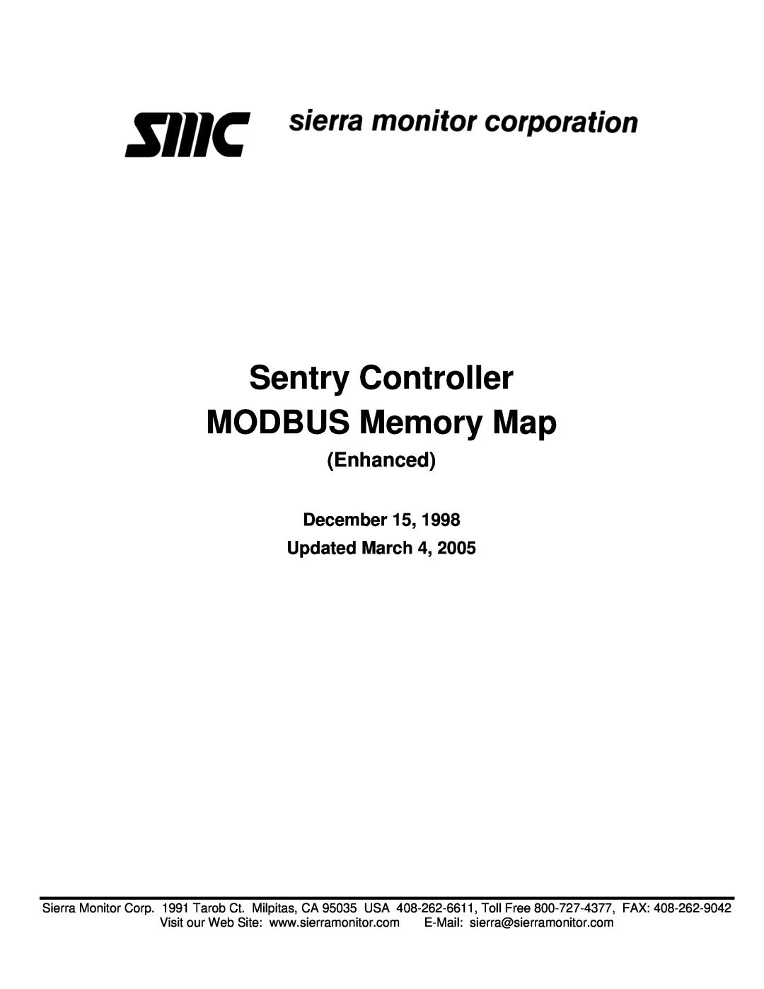 Sierra Monitor Corporation Gas Detector manual Enhanced, Sentry Controller MODBUS Memory Map, December 15, Updated March 