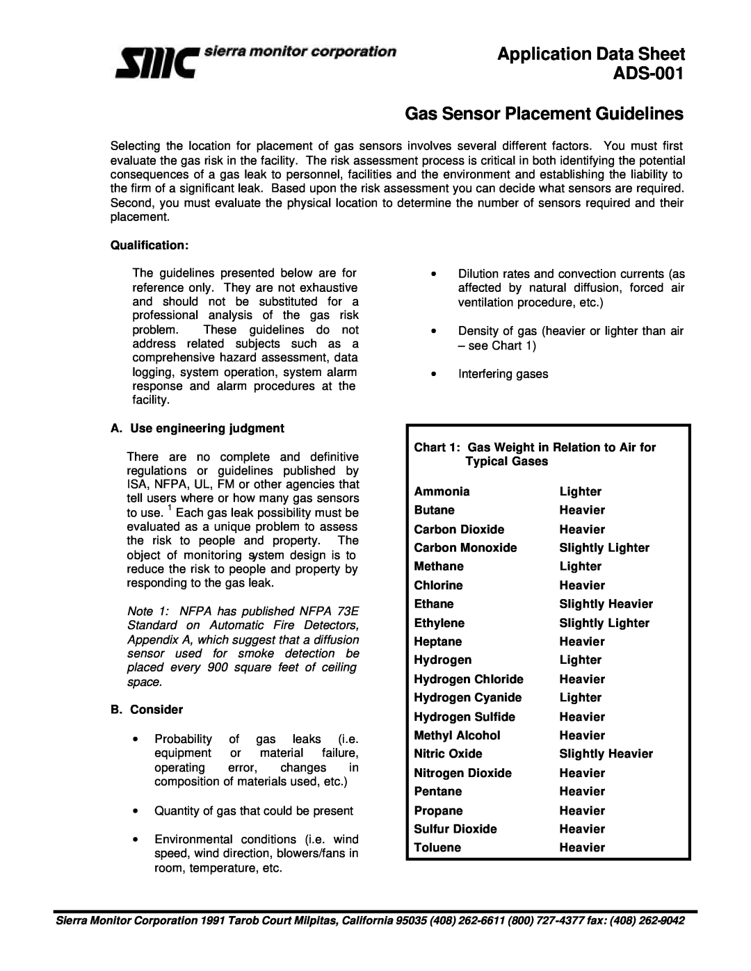 Sierra Monitor Corporation appendix Application Data Sheet ADS-001, Gas Sensor Placement Guidelines 