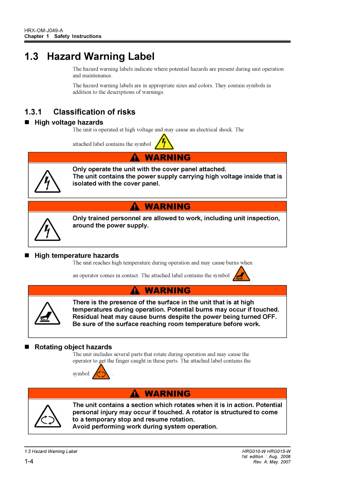 Sierra Monitor Corporation HRG010-W, HRG015-W Hazard Warning Label, Classification of risks, „ High voltage hazards 