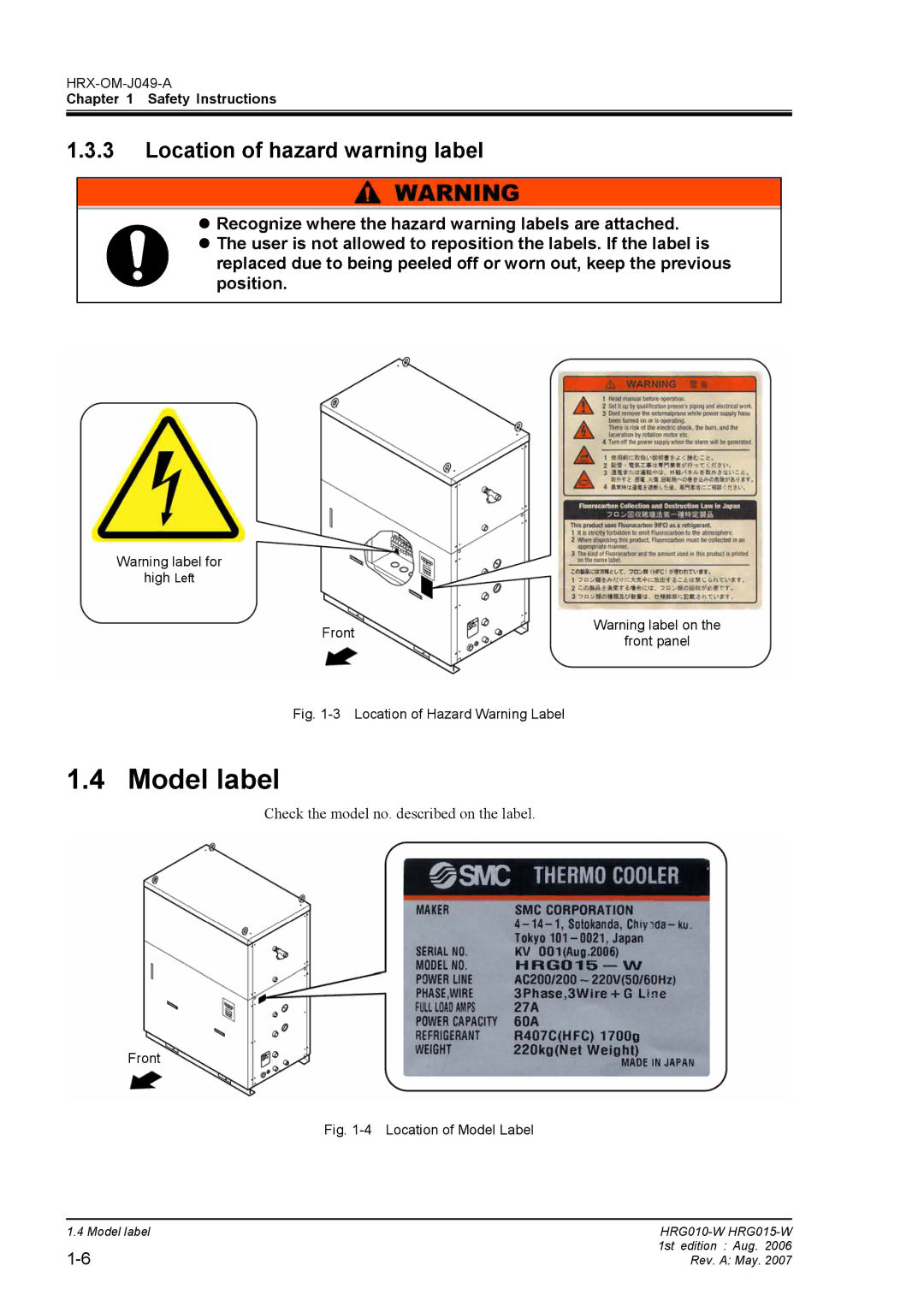 Sierra Monitor Corporation HRG010-W, HRG015-W operation manual Model label, Location of hazard warning label 