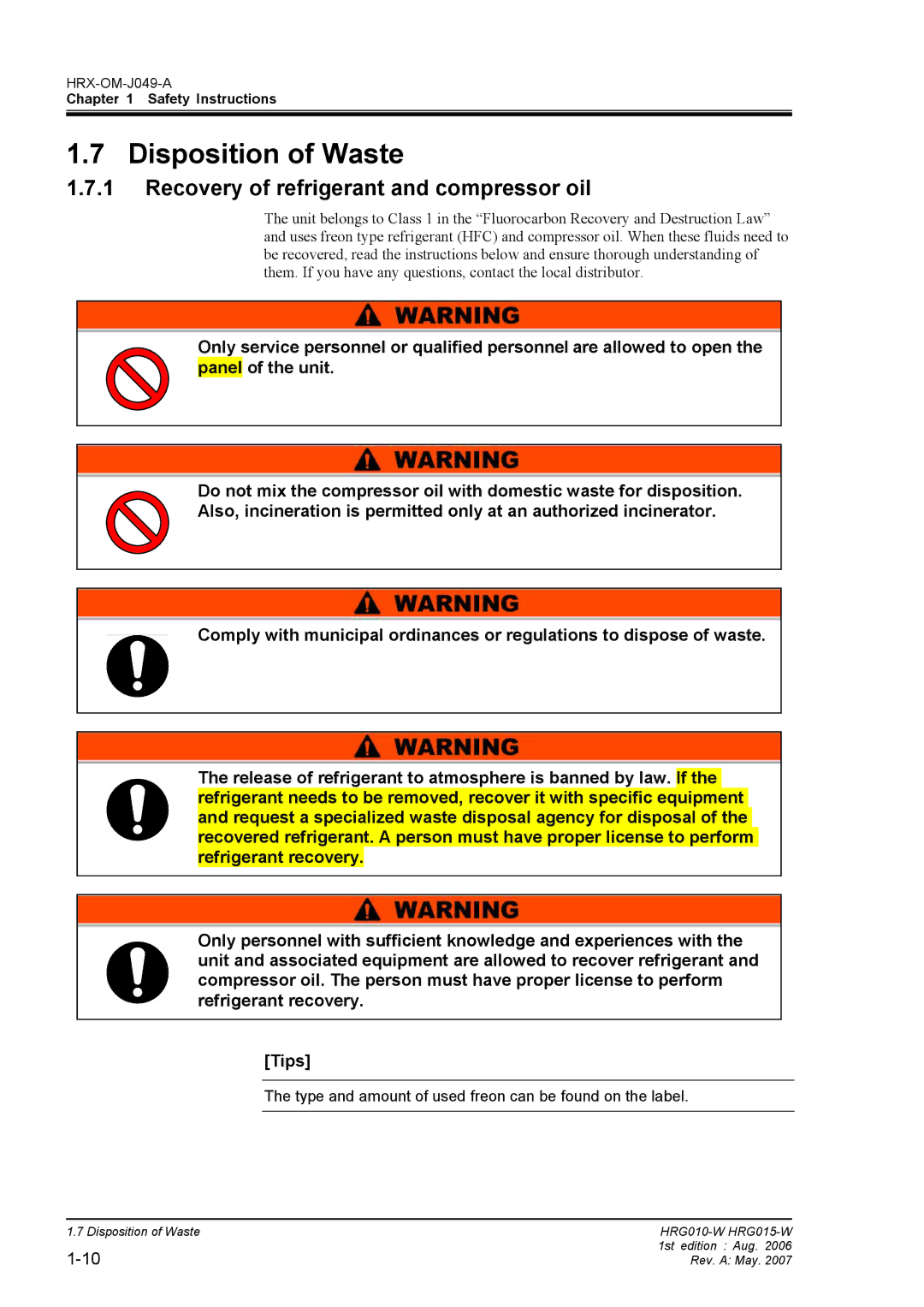 Sierra Monitor Corporation HRG010-W, HRG015-W Disposition of Waste, Recovery of refrigerant and compressor oil 