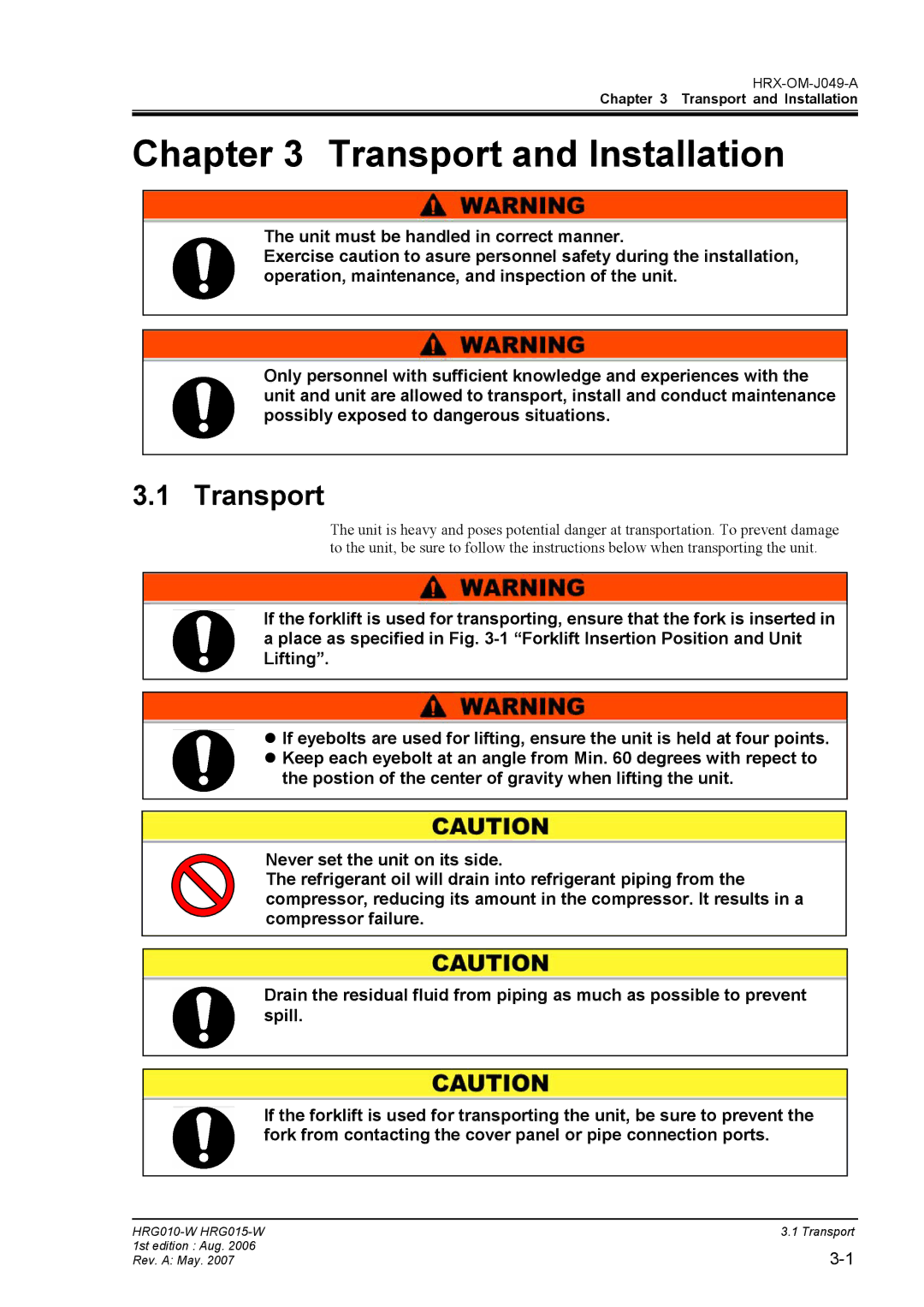 Sierra Monitor Corporation HRG015-W, HRG010-W operation manual Transport and Installation 