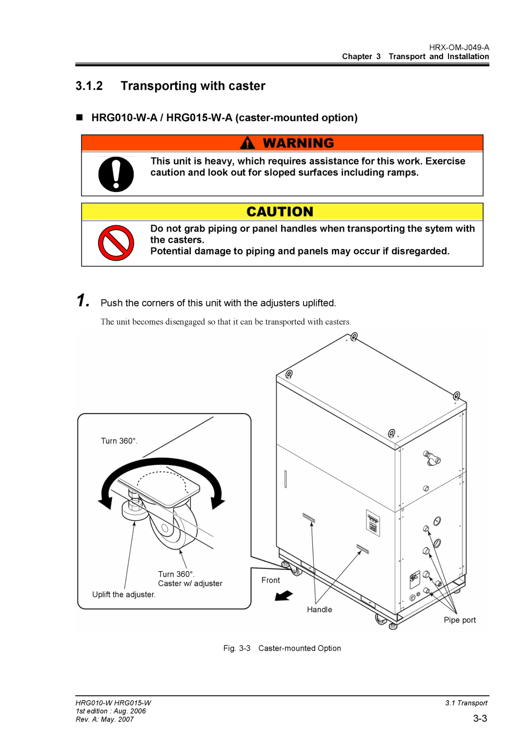 Sierra Monitor Corporation operation manual Transporting with caster, „ HRG010-W-A / HRG015-W-A caster-mounted option 