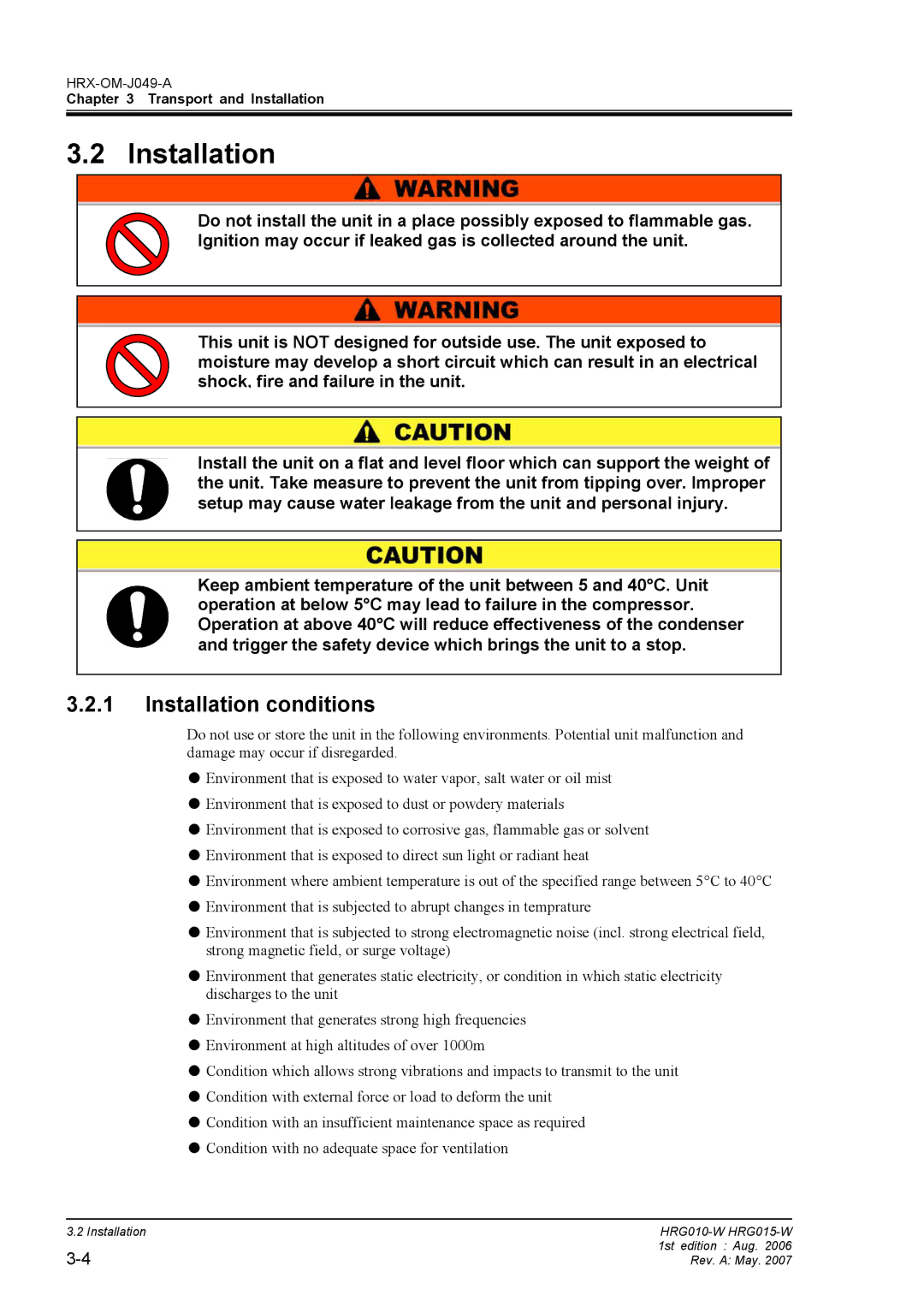 Sierra Monitor Corporation HRG010-W, HRG015-W operation manual Installation conditions 