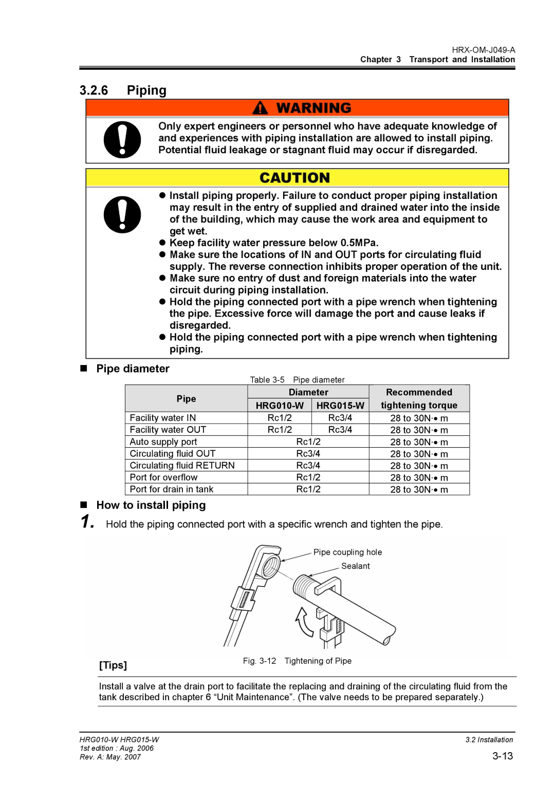 Sierra Monitor Corporation HRG015-W, HRG010-W operation manual Piping, „ Pipe diameter, „ How to install piping 