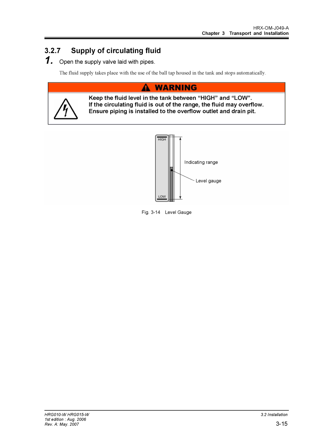 Sierra Monitor Corporation HRG015-W, HRG010-W Supply of circulating fluid, Open the supply valve laid with pipes 