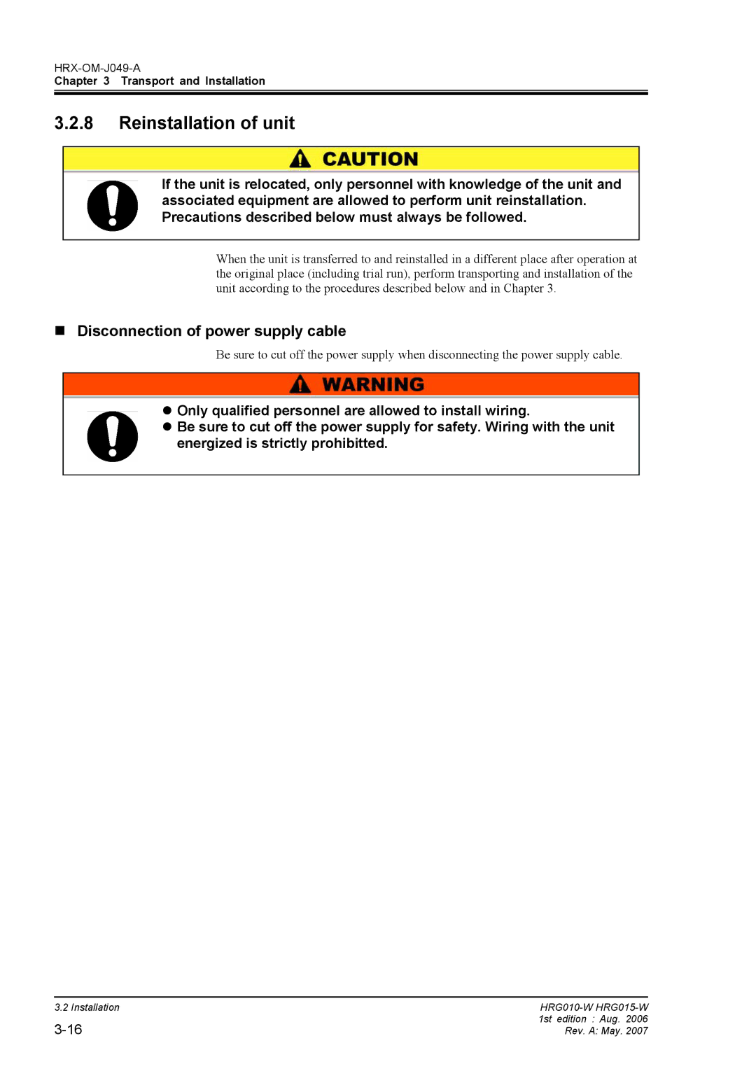 Sierra Monitor Corporation HRG010-W, HRG015-W operation manual Reinstallation of unit, „ Disconnection of power supply cable 