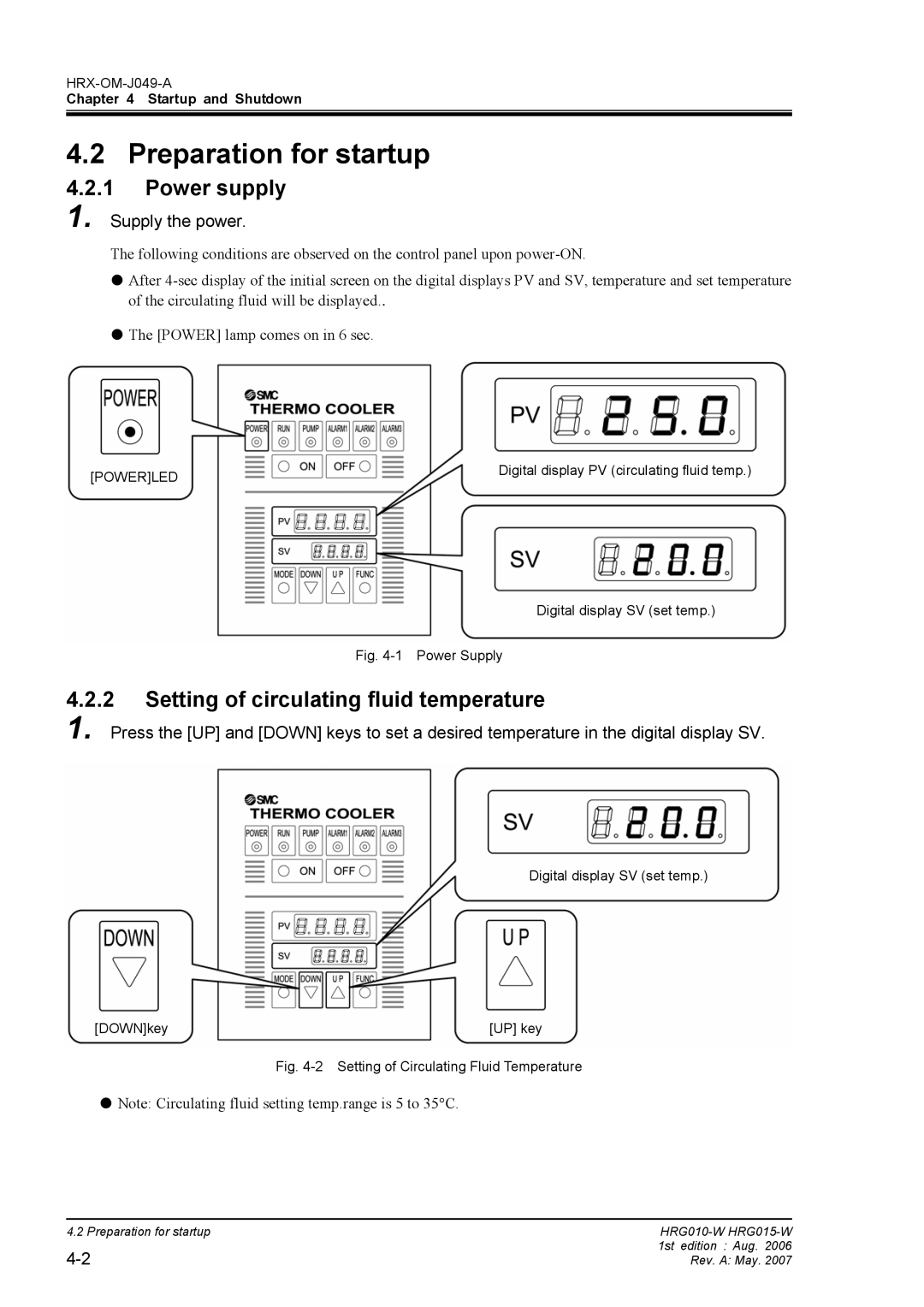 Sierra Monitor Corporation HRG010-W Preparation for startup, Power supply, Setting of circulating fluid temperature 