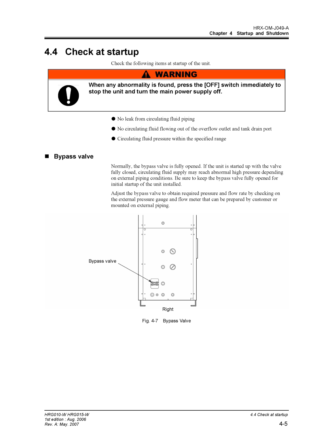 Sierra Monitor Corporation HRG015-W, HRG010-W operation manual Check at startup, „ Bypass valve 