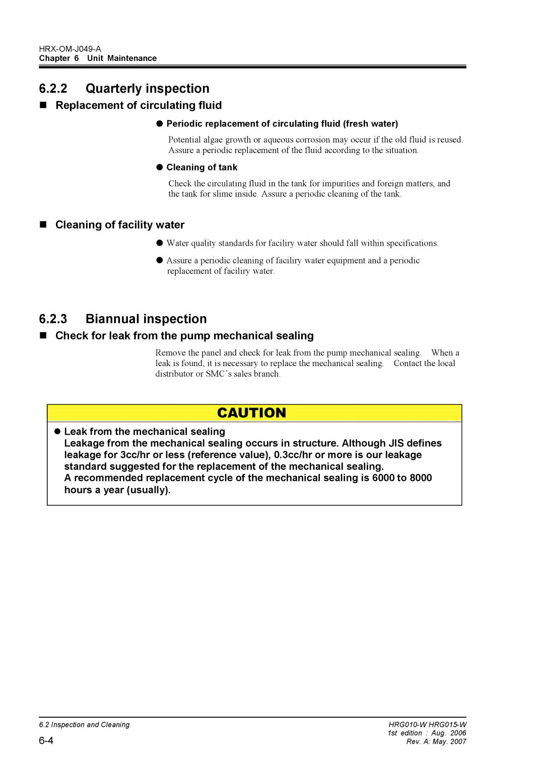 Sierra Monitor Corporation HRG010-W Quarterly inspection, Biannual inspection, „ Replacement of circulating fluid 