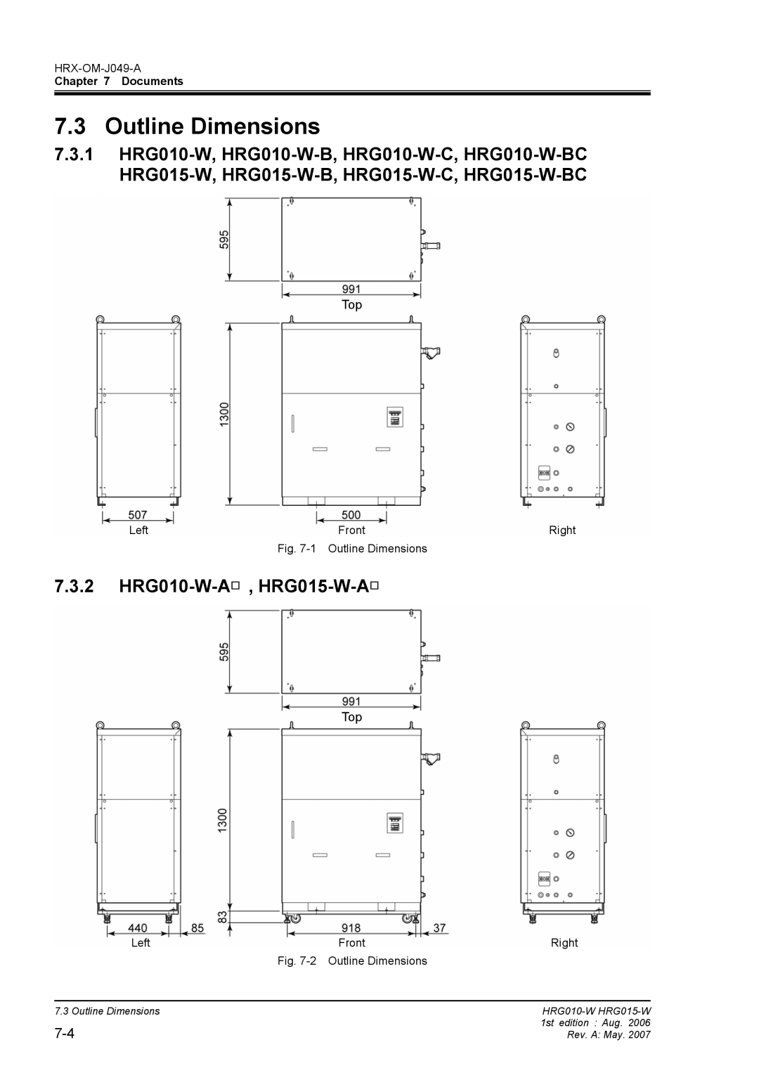 Sierra Monitor Corporation operation manual Outline Dimensions, 2 HRG010-W-A, HRG015-W-A 