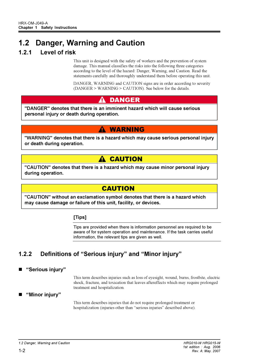 Sierra Monitor Corporation HRG010-W Level of risk, Definitions of Serious injury and Minor injury, „ Serious injury 