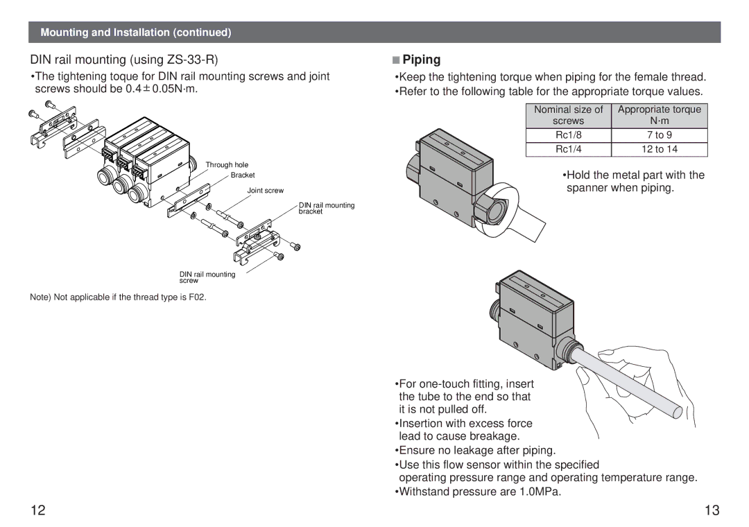 Sierra Monitor Corporation PF5M instruction manual DIN rail mounting using ZS-33-R, Piping 