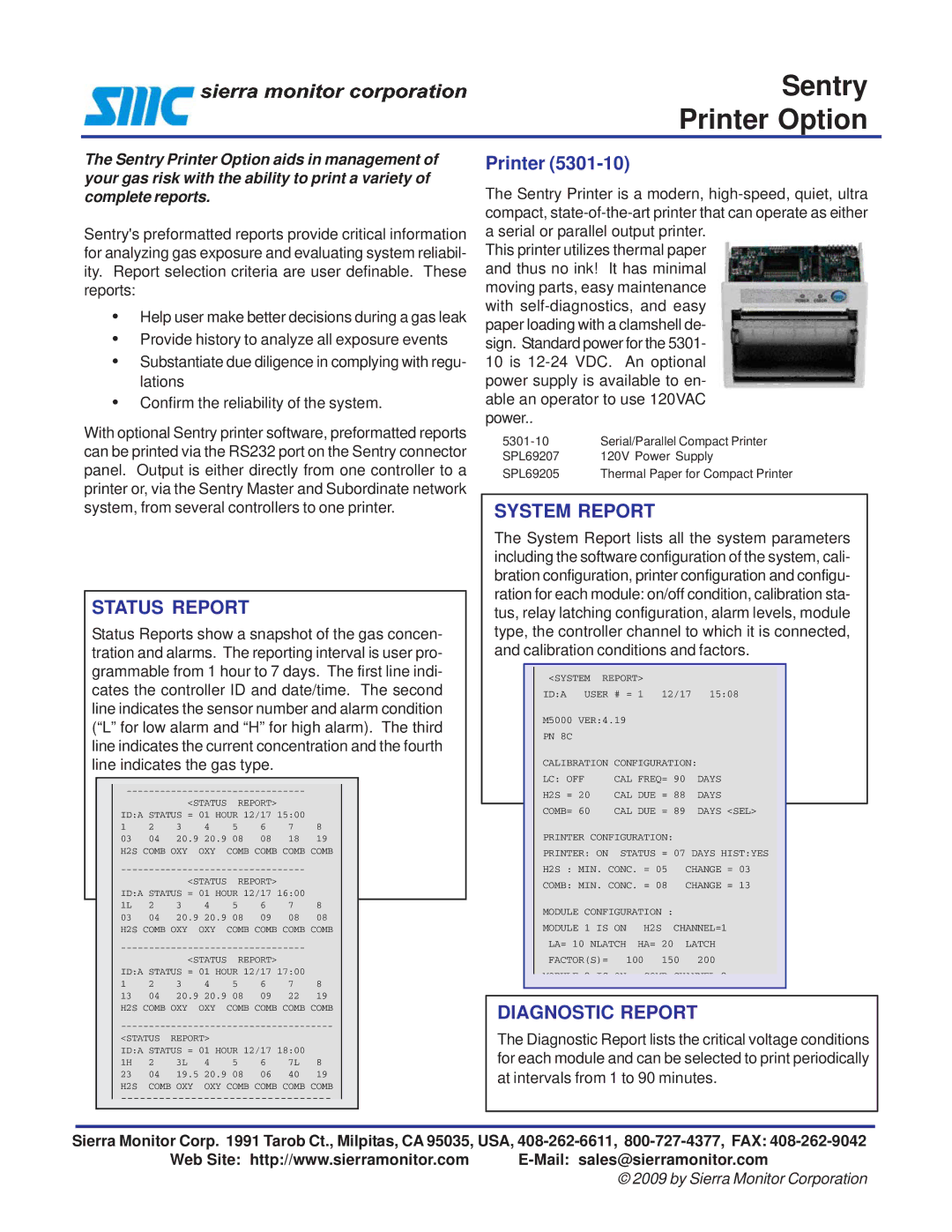 Sierra Monitor Corporation 5301-10, SPL69207 manual Sentry Printer Option, Status Report, System Report, Diagnostic Report 