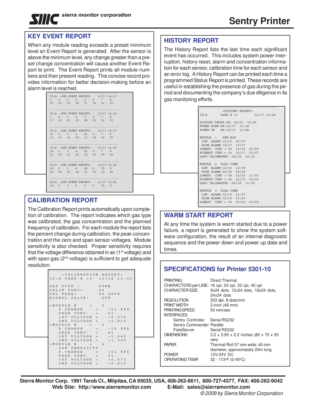 Sierra Monitor Corporation SPL69207, 5301-10 manual Sentry Printer, KEY Event Report, Calibration Report, History Report 