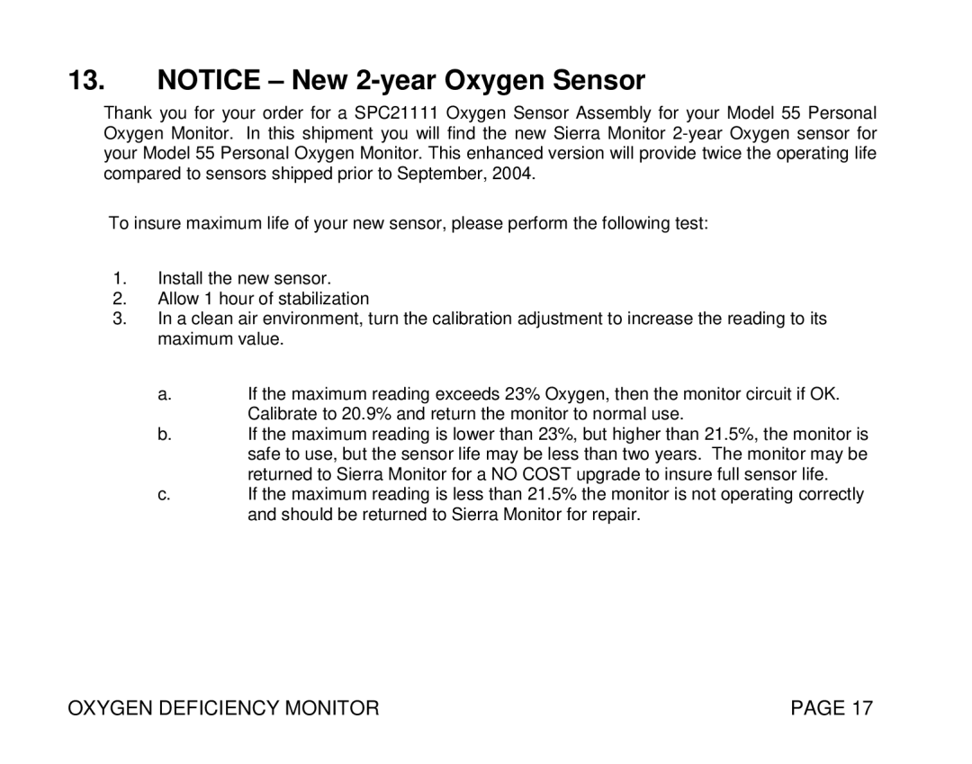 Sierra Monitor Corporation 55, T10008 instruction manual Oxygen Deficiency Monitor 