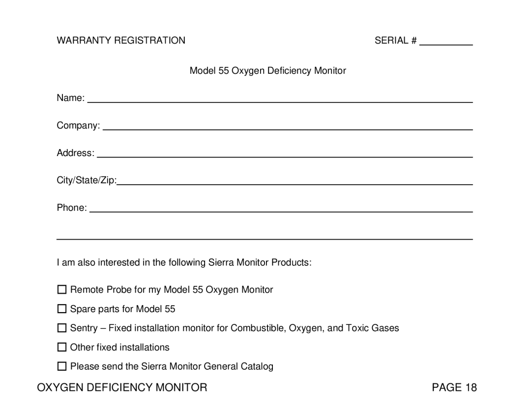 Sierra Monitor Corporation T10008, 55 instruction manual Warranty Registration Serial # 