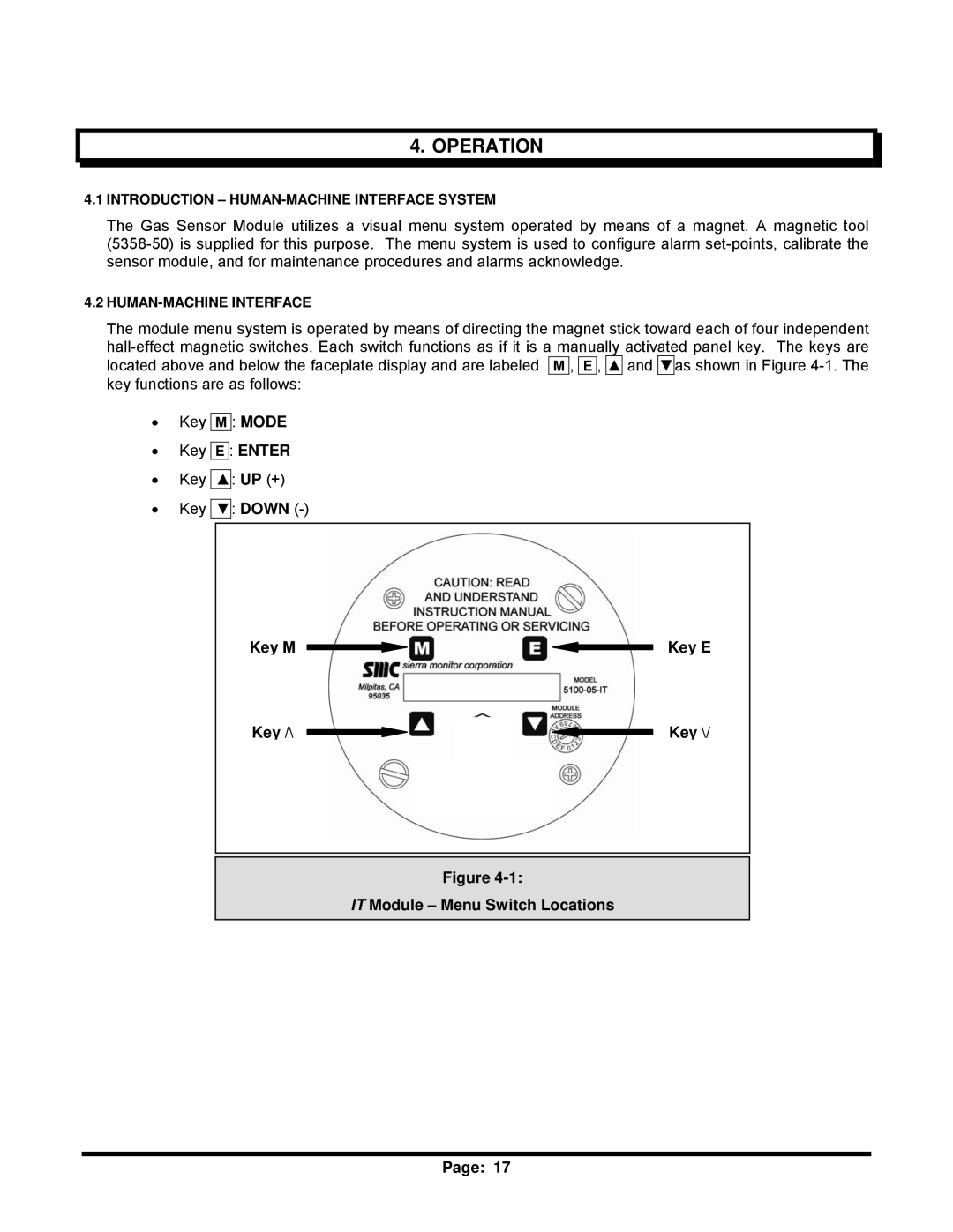 Sierra Monitor Corporation 5100-06-IT, T12020 Operation, Mode Enter, Key M Key E Key, IT Module Menu Switch Locations 