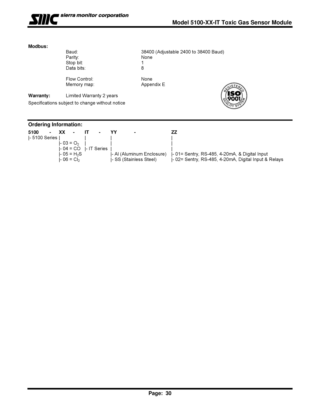 Sierra Monitor Corporation 5100-03-IT, T12020, 5100-06-IT Model 5100-XX-IT Toxic Gas Sensor Module, Ordering Information 