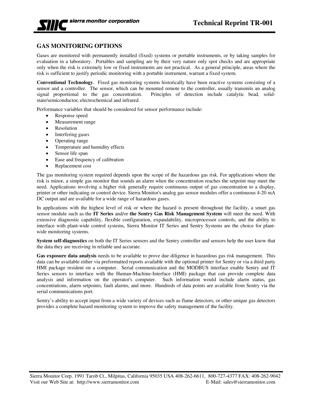 Sierra Monitor Corporation TR-001 manual GAS Monitoring Options 