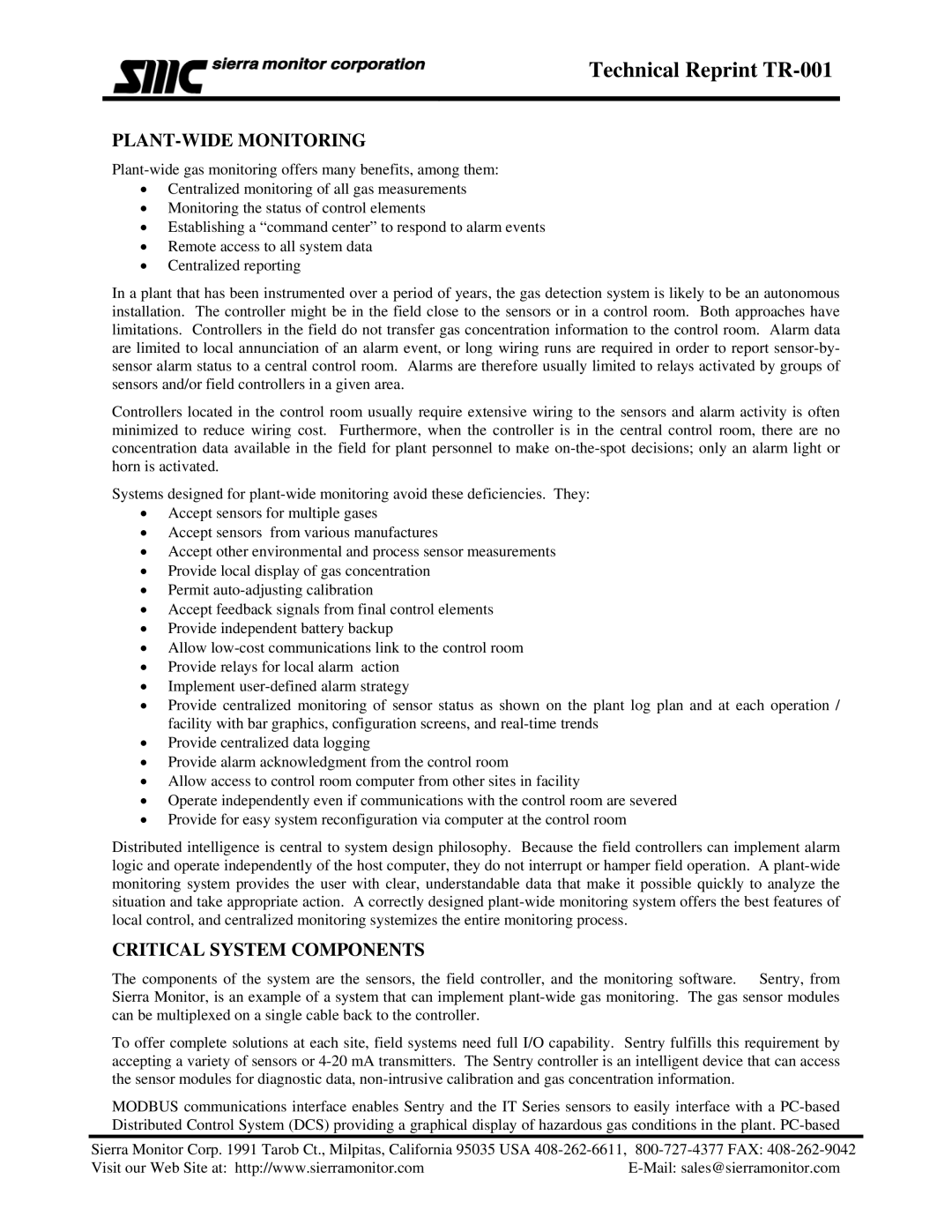 Sierra Monitor Corporation TR-001 manual PLANT-WIDE Monitoring, Critical System Components 