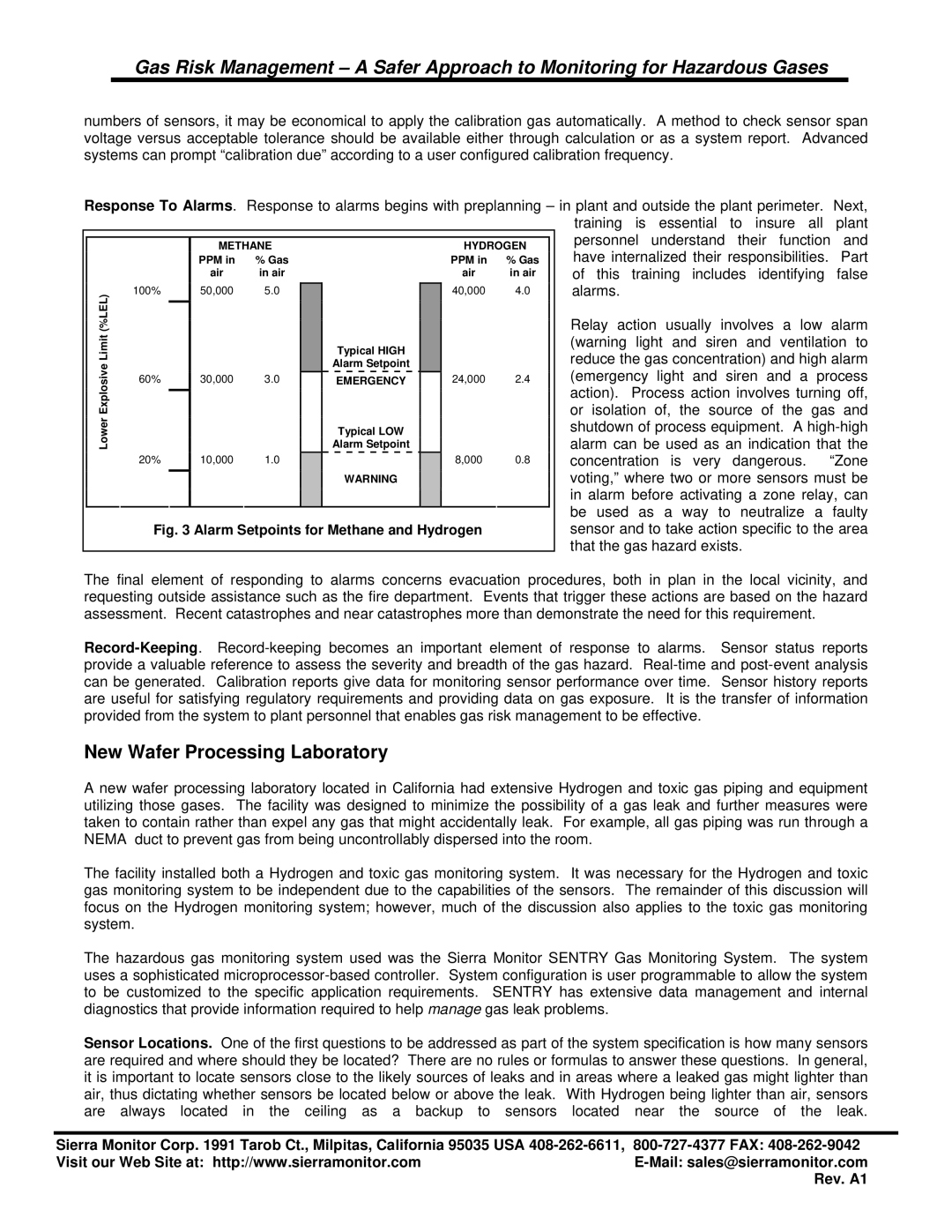 Sierra Monitor Corporation TR-002 manual New Wafer Processing Laboratory, Methane Hydrogen 