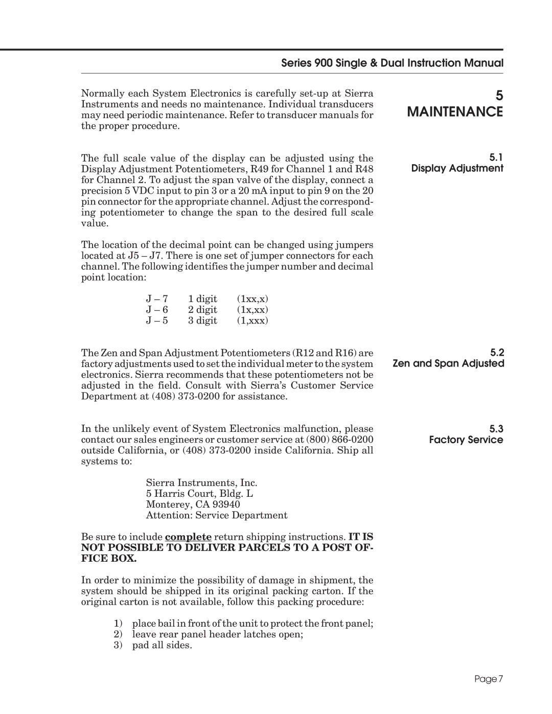 Sierra Not available instruction manual Maintenance, Display Adjustment 